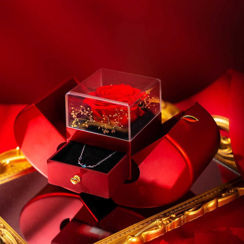 Flourish red heart-shaped gift box with a soap rose and hidden necklace drawer