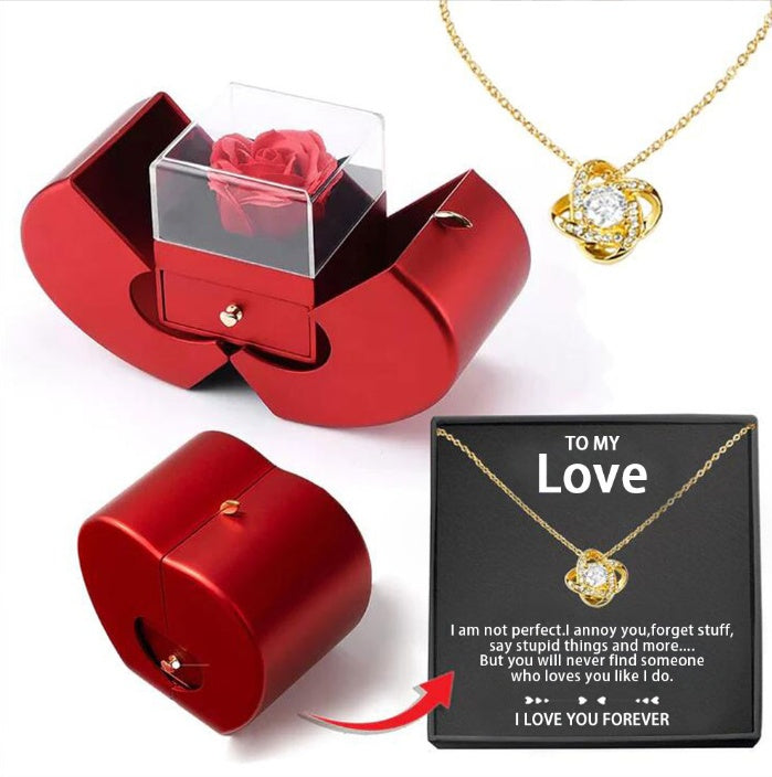 Flourish red heart-shaped gift box with a soap rose and hidden necklace drawer